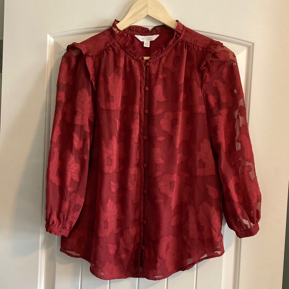 Lauren Conrad Burgundy Floral Button-Up Blouse with Three Quarter Sleeves